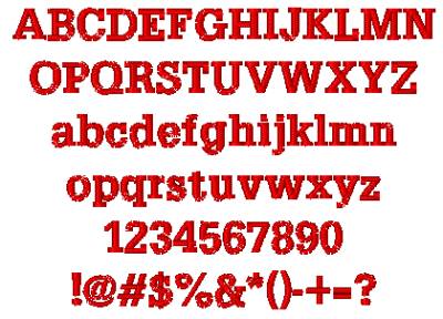 All Characters in the Serif1 embroidery font at 1/2" height