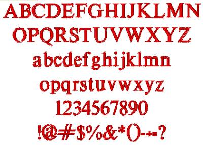 All Characters in the Serif2 embroidery font at 1/2" height