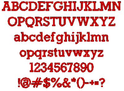 All Characters in the Serif3 embroidery font at 1/2" height