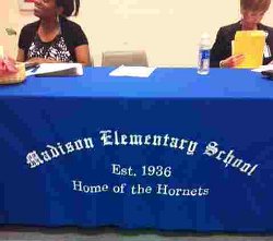 Madison Elementary School Embroidered Tablecloth in Use 
